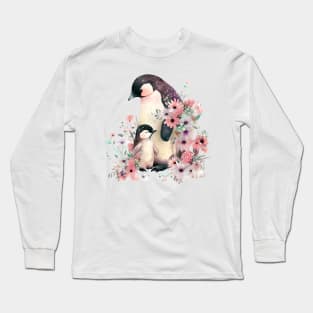 Cute penguin with baby and flowers Long Sleeve T-Shirt